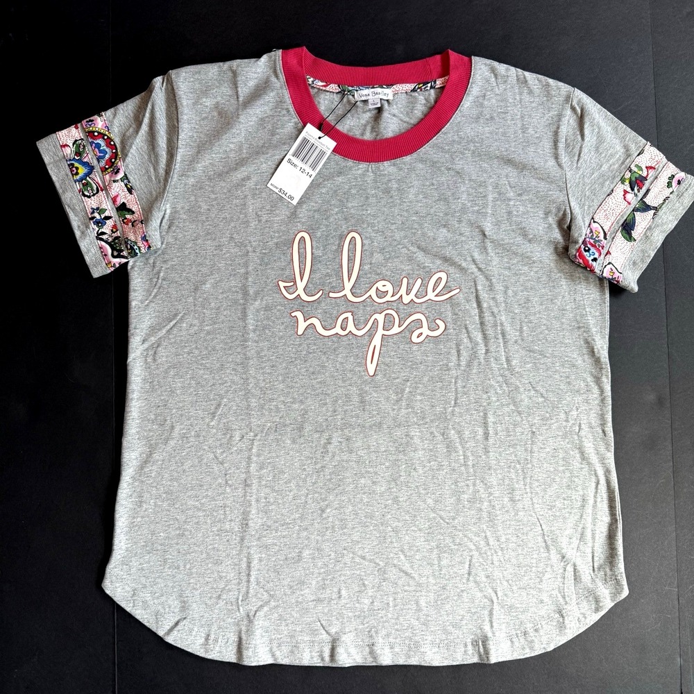 New Vera Bradley Pajama Tee T Shirt Top Women L 12 14 Stitched Floral Pink Gray